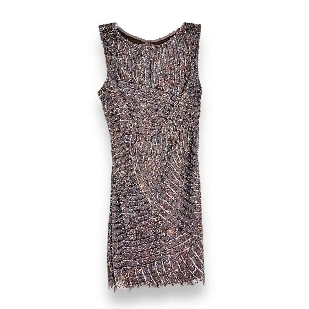 AIDAN MATTOX Formal Dark Grey, Open Back Sequin Beaded Sparkly Mini Dress SIZE 8